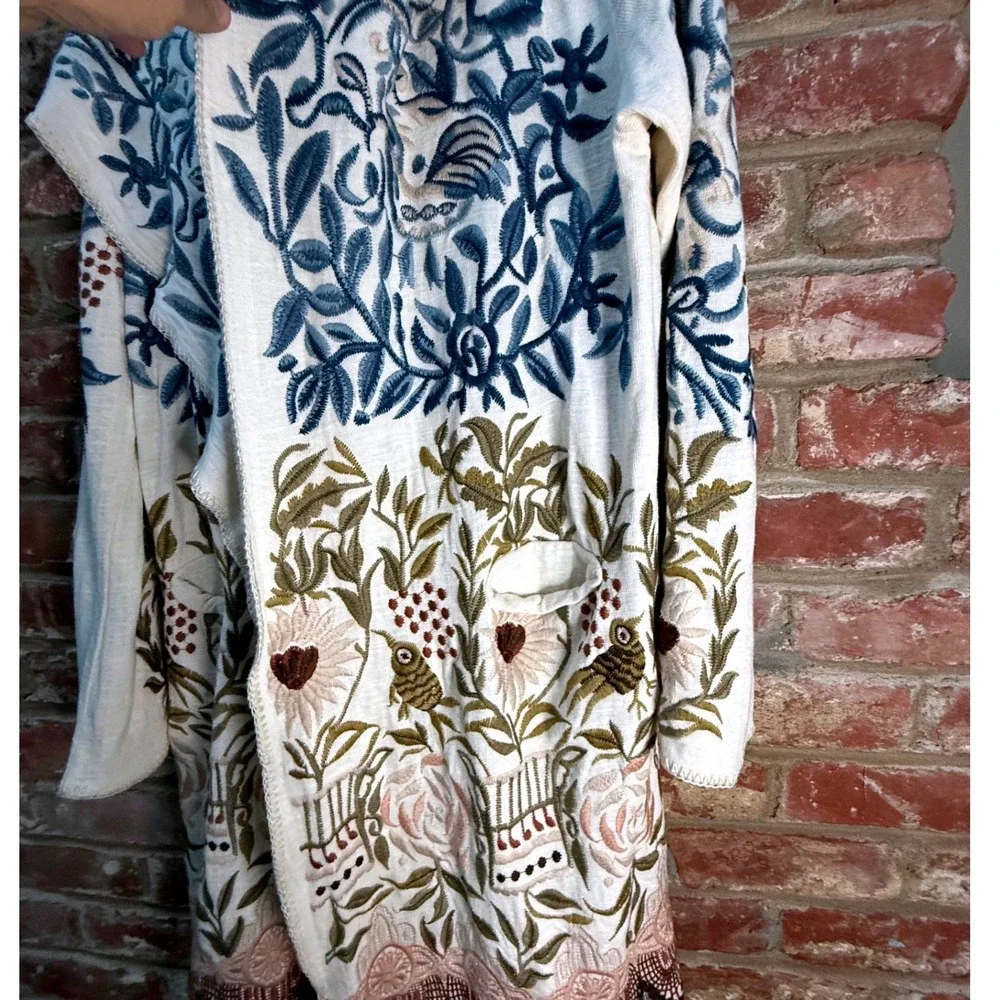 Biya Johnny Was Teresa Embroidered Hooded Cardigan Duster Ecru Bird Floral Small